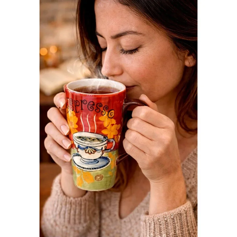 Espresso Hand Painted Floral Cafe Art Tumbler Mug Warm Cottage Kitchen Decor Red - Picture 1 of 10
